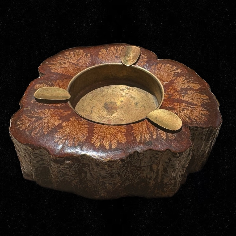 MID-CENTURY HAND CRAFTED WOOD AND BRASS ASHTRAY